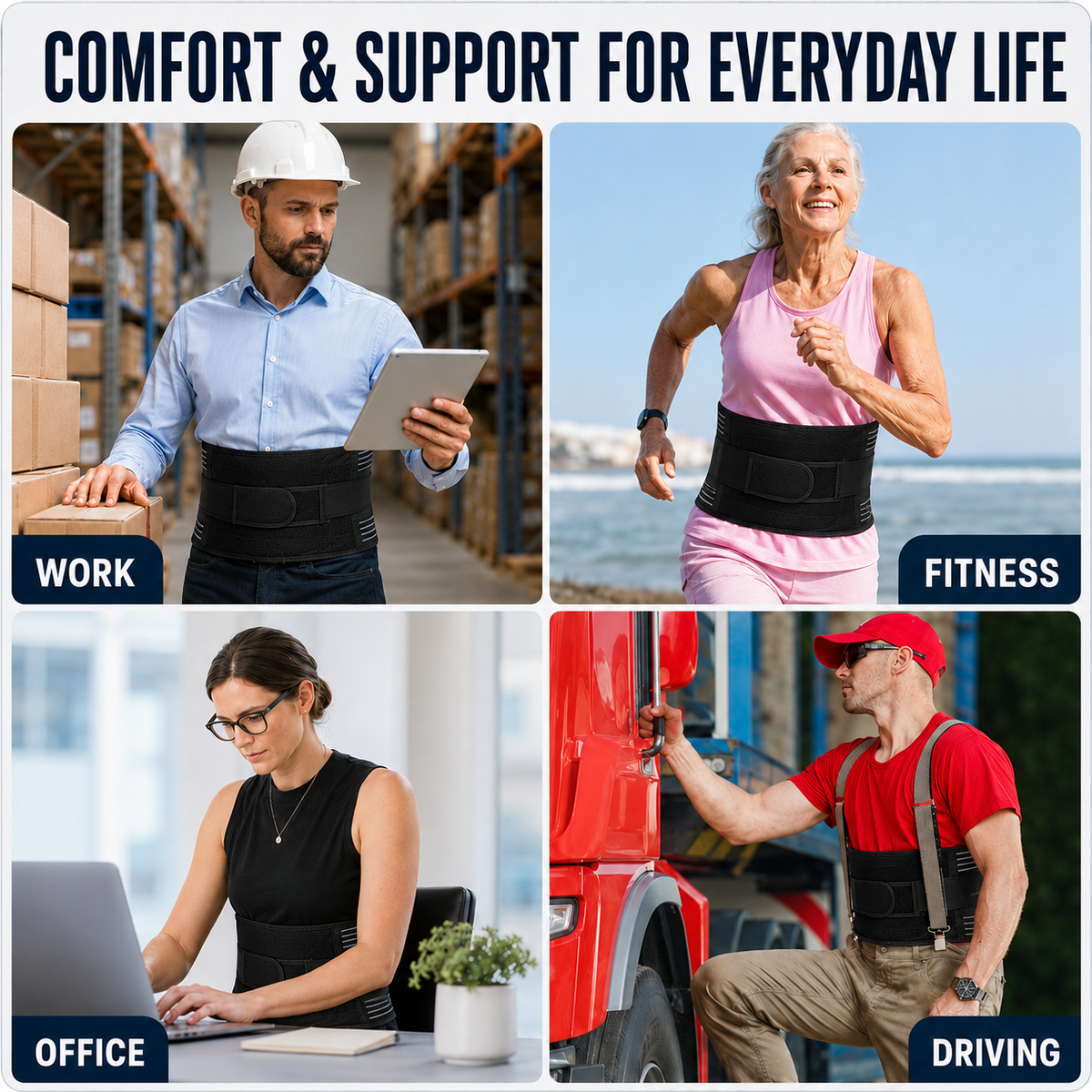 Adjustable Lower Back Support Brace with Dual Compression Straps for Posture Relief and Heavy Lifting
