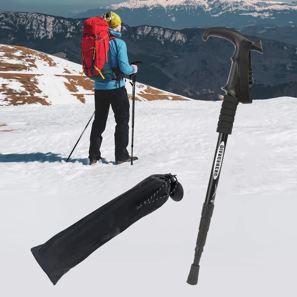 Collapsible Hiking Pole 4-Section Adjustable Trekking Stick Aluminum Alloy Lightweight Walking Staff Ergonomic T-Handle for Mountain Trails