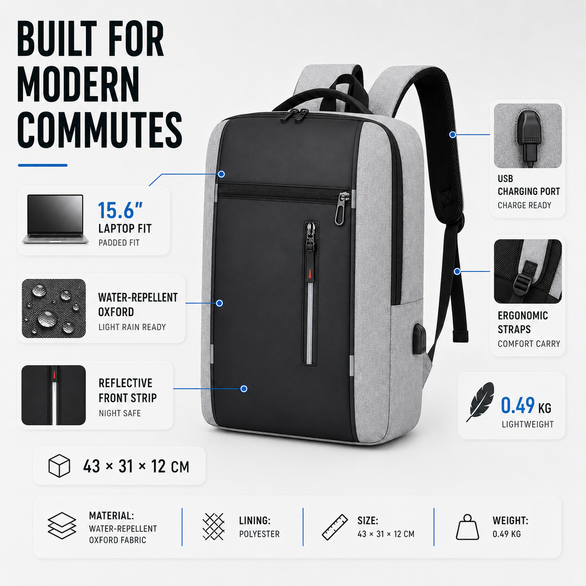 Water-Resistant Laptop Backpack with USB Charging Port – Padded Compartment for 15.6 Inch Notebook – Commuter Daypack for Work School Travel