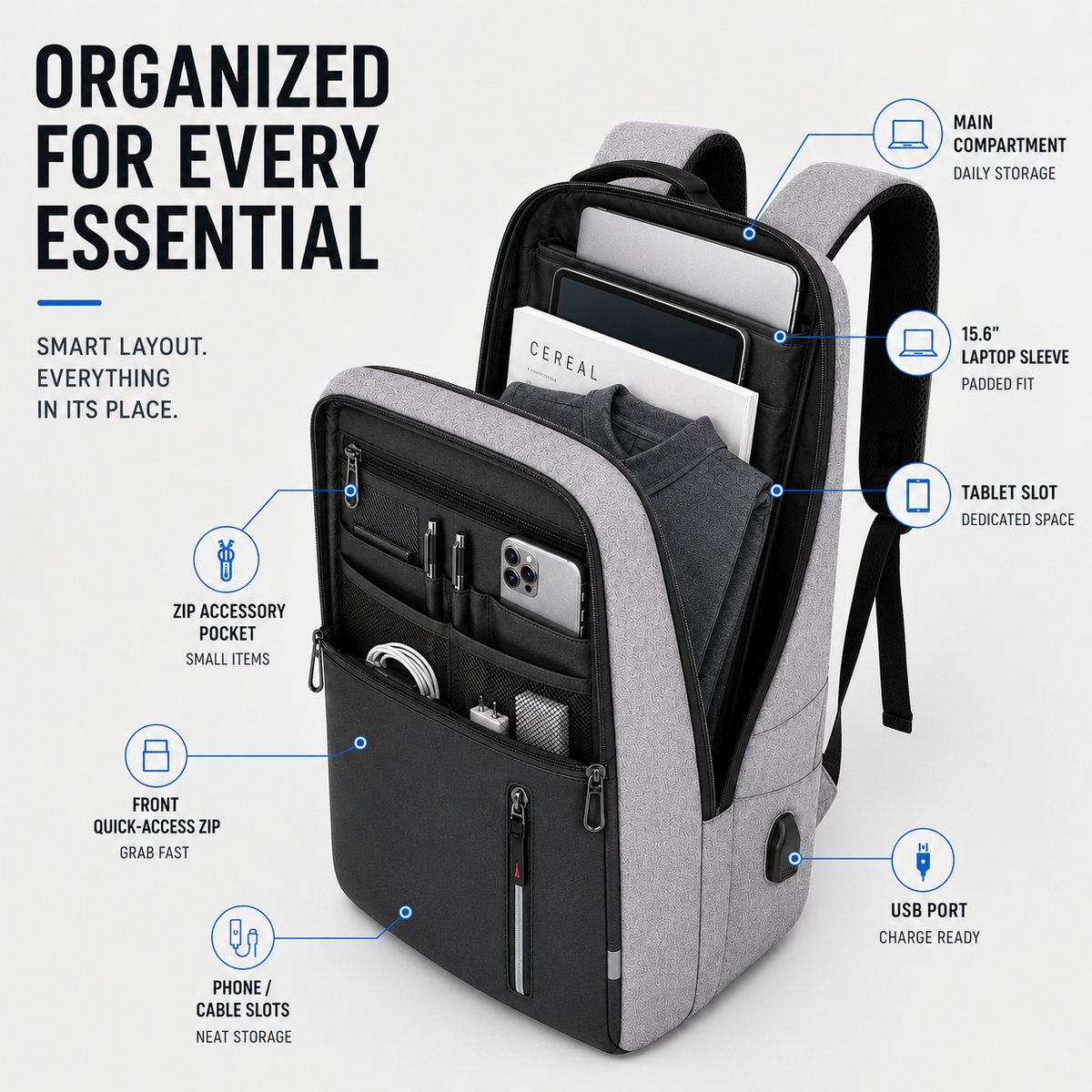 Water-Resistant Laptop Backpack with USB Charging Port – Padded Compartment for 15.6 Inch Notebook – Commuter Daypack for Work School Travel