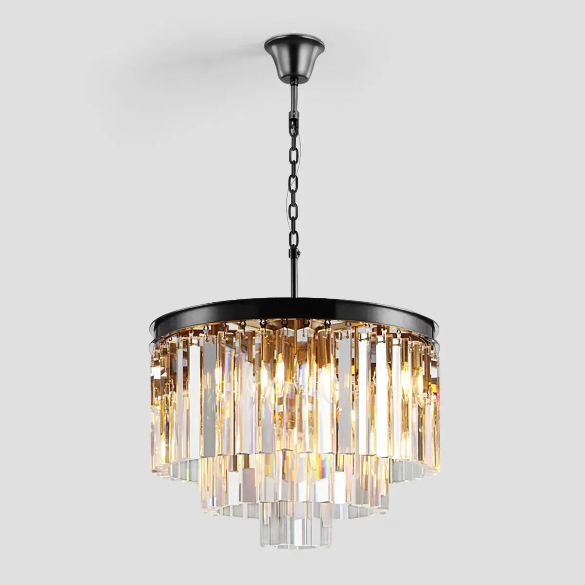 Tiered Crystal Chandelier with Cascading Glass Rods – Multi-Level Statement Lighting for Dining Room & Foyer – Brass, Black & Nickel Finish