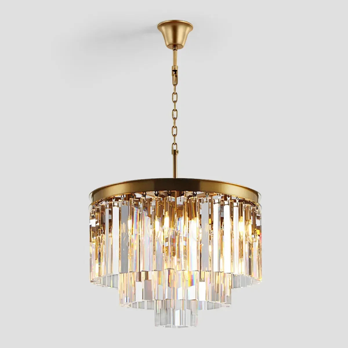 Tiered Crystal Chandelier with Cascading Glass Rods – Multi-Level Statement Lighting for Dining Room & Foyer – Brass, Black & Nickel Finish