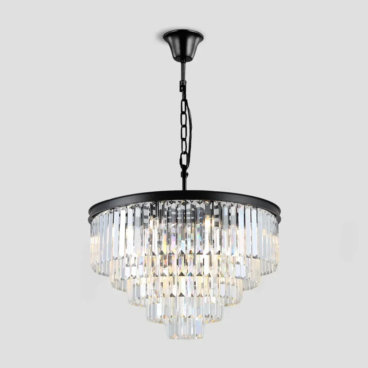Tiered Crystal Chandelier with Cascading Glass Rods – Multi-Level Statement Lighting for Dining Room & Foyer – Brass, Black & Nickel Finish