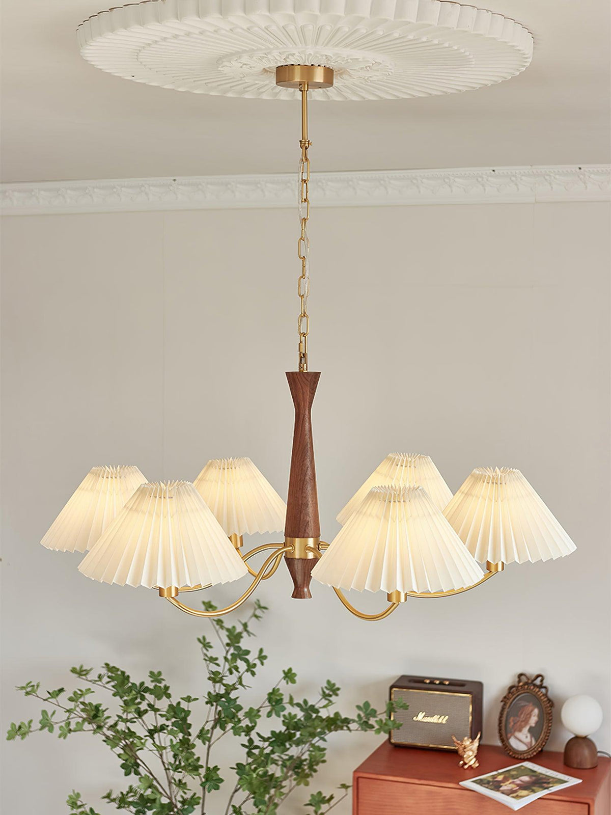Overhead Fabric Shade Fixture with Curved Arms for Dining Tables & Open Kitchens – Ash Wood & Iron Frame with Adjustable Chain in Beige