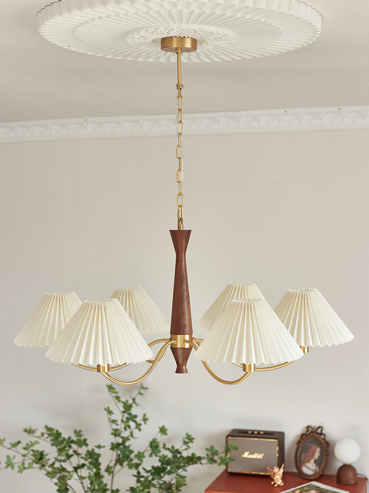 Overhead Fabric Shade Fixture with Curved Arms for Dining Tables & Open Kitchens – Ash Wood & Iron Frame with Adjustable Chain in Beige