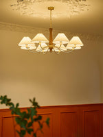 Overhead Fabric Shade Fixture with Curved Arms for Dining Tables & Open Kitchens – Ash Wood & Iron Frame with Adjustable Chain in Beige