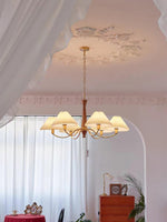 Overhead Fabric Shade Fixture with Curved Arms for Dining Tables & Open Kitchens – Ash Wood & Iron Frame with Adjustable Chain in Beige