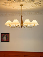 Overhead Fabric Shade Fixture with Curved Arms for Dining Tables & Open Kitchens – Ash Wood & Iron Frame with Adjustable Chain in Beige