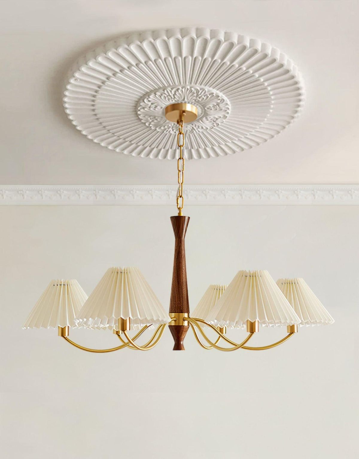 Overhead Fabric Shade Fixture with Curved Arms for Dining Tables & Open Kitchens – Ash Wood & Iron Frame with Adjustable Chain in Beige