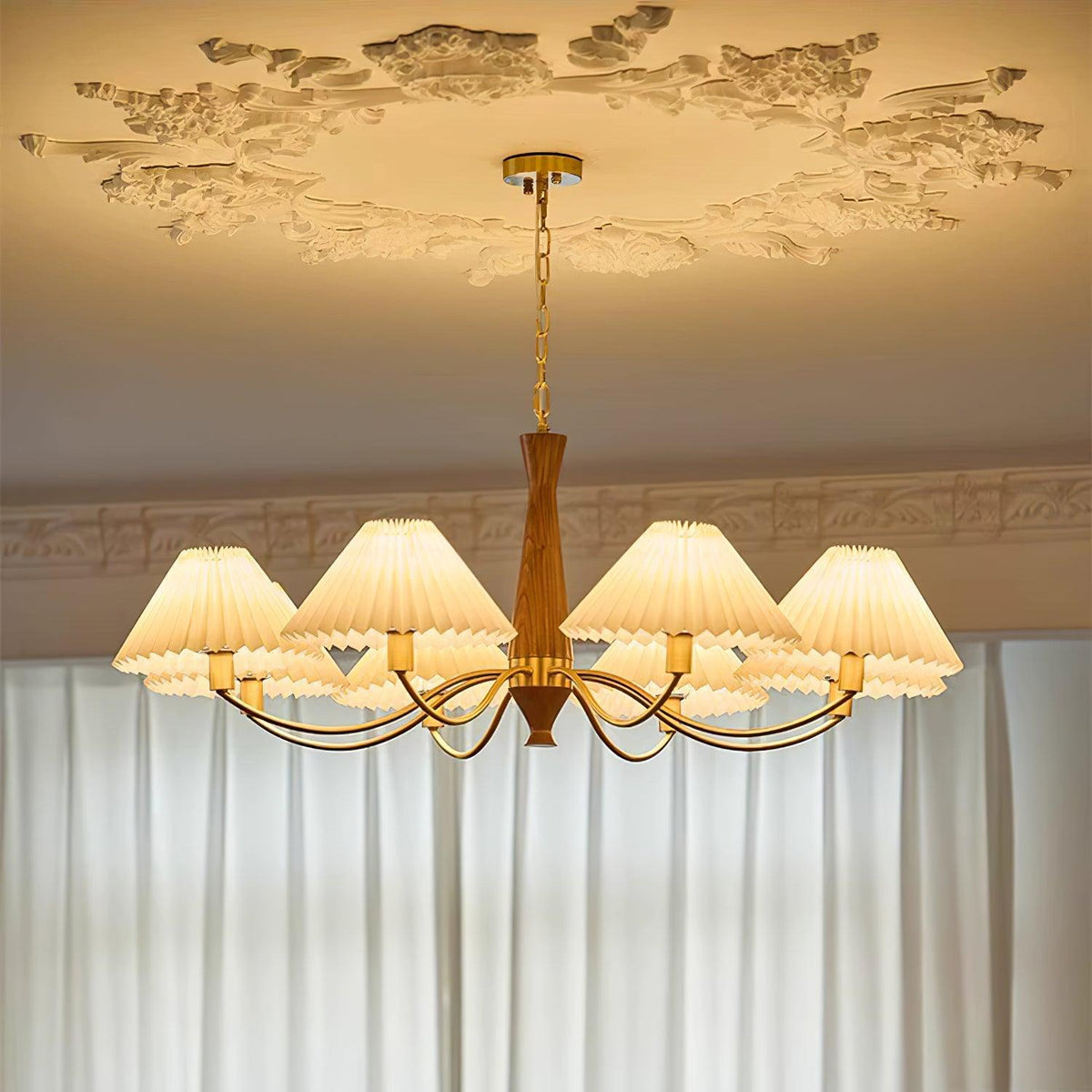 Overhead Fabric Shade Fixture with Curved Arms for Dining Tables & Open Kitchens – Ash Wood & Iron Frame with Adjustable Chain in Beige