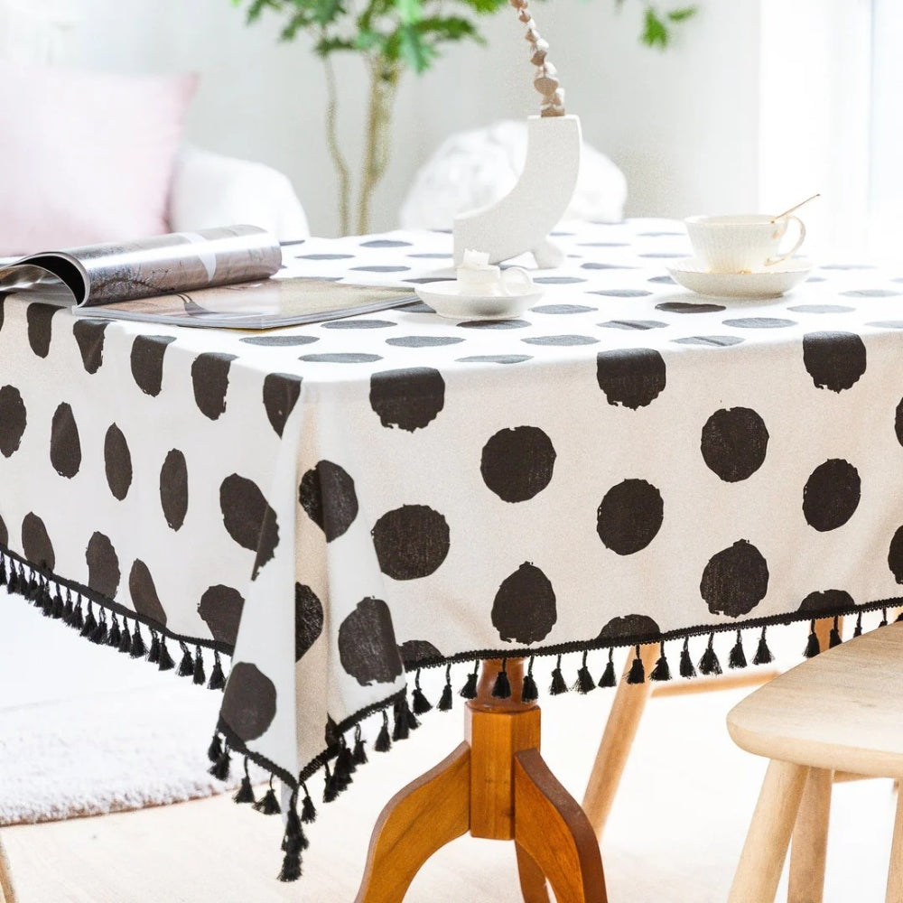 Polara Charm Table Cloth - Microfiber Blend, Black Polka Dot with Tassel Edging