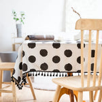 Polara Charm Table Cloth - Microfiber Blend, Black Polka Dot with Tassel Edging