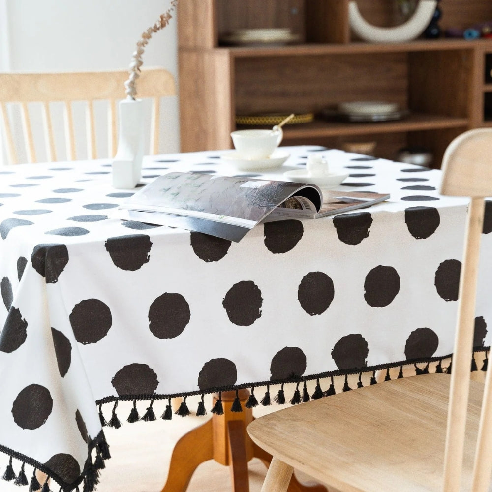Polara Charm Table Cloth - Microfiber Blend, Black Polka Dot with Tassel Edging