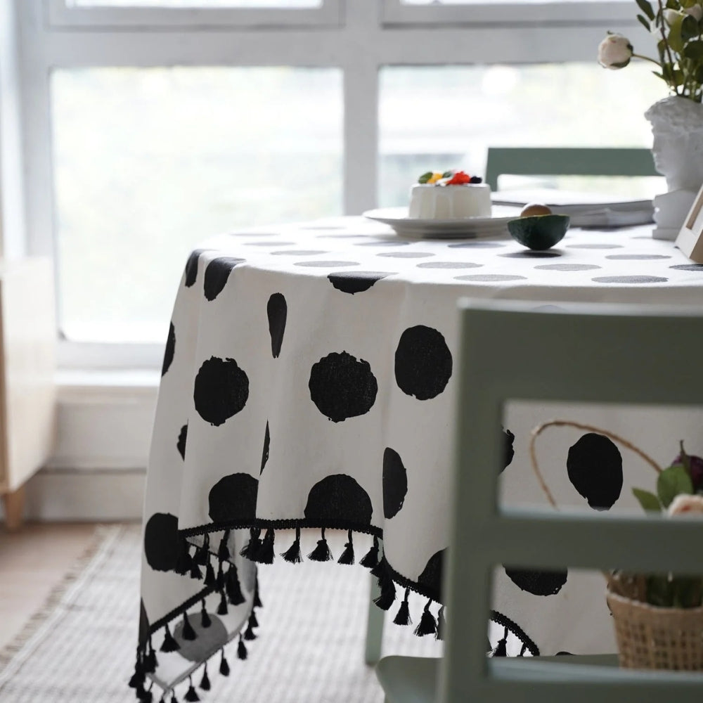 Polara Charm Table Cloth - Microfiber Blend, Black Polka Dot with Tassel Edging