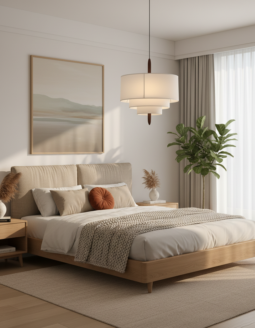 Layered Fabric Chandelier with Wood Accent 3-Light Adjustable Hanging Fixture for Dining Tables & Kitchens Modern Ambient Ceiling Light