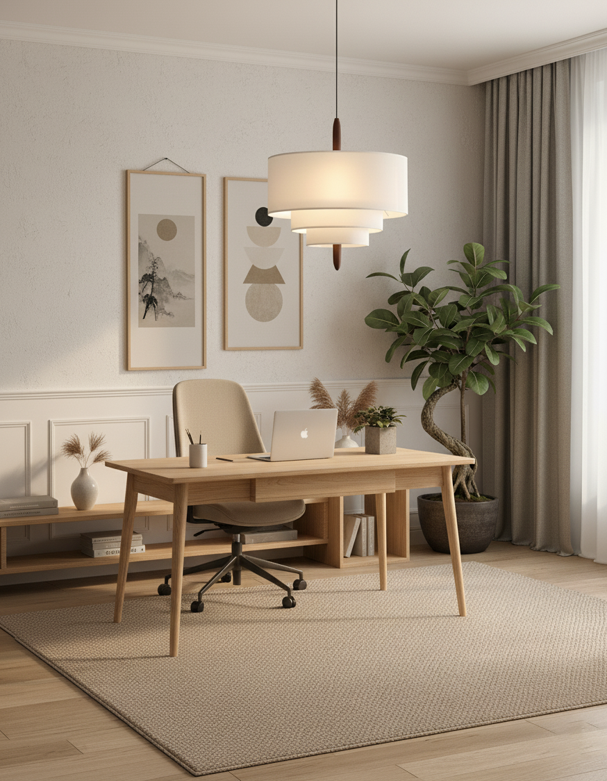 Layered Fabric Chandelier with Wood Accent 3-Light Adjustable Hanging Fixture for Dining Tables & Kitchens Modern Ambient Ceiling Light