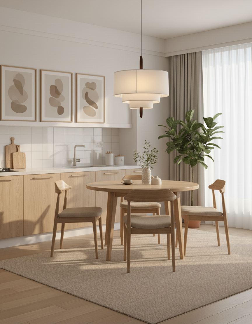 Layered Fabric Chandelier with Wood Accent 3-Light Adjustable Hanging Fixture for Dining Tables & Kitchens Modern Ambient Ceiling Light