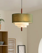 Layered Fabric Chandelier with Wood Accent 3-Light Adjustable Hanging Fixture for Dining Tables & Kitchens Modern Ambient Ceiling Light
