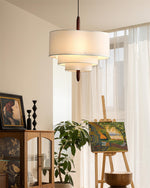 Layered Fabric Chandelier with Wood Accent 3-Light Adjustable Hanging Fixture for Dining Tables & Kitchens Modern Ambient Ceiling Light