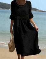 Relaxed Linen Summer Midi Dress with Hollow Out Detail and Flared Sleeves