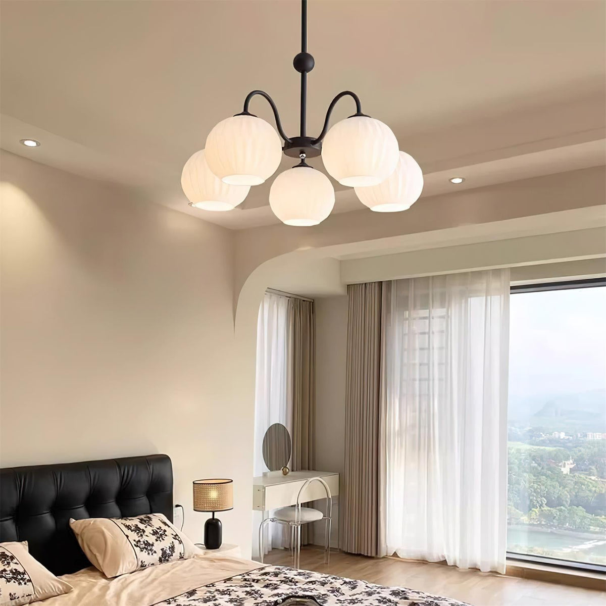 Ribbed Glass Dome Pendant Fixture 26-33 inches Multi-Head Overhead Lighting for Kitchen Dining & Living Areas Adjustable Drop