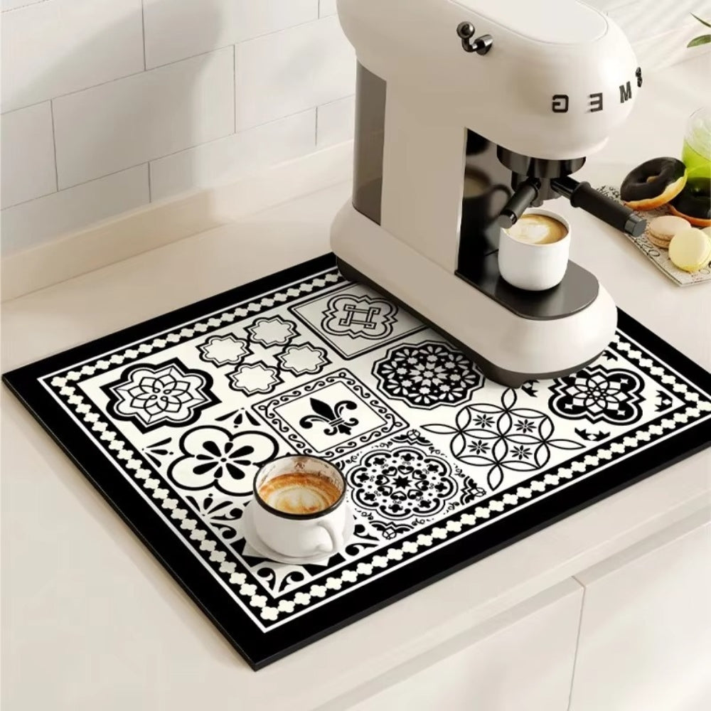 Vintage-Inspired Quick-Dry Kitchen Counter Mat for Coffee Bars, Dish Drying & Sink Areas – Absorbent Non-Slip Rubber Base – Decorative