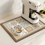 Vintage-Inspired Quick-Dry Kitchen Counter Mat for Coffee Bars, Dish Drying & Sink Areas – Absorbent Non-Slip Rubber Base – Decorative