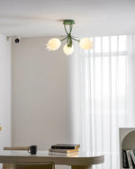 Flush Mount Floral Ceiling Light Fixture with Multi-Head LED Design for Bedroom, Living Room & Bathroom | Green White Acrylic Shades | Dimma