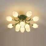 Flush Mount Floral Ceiling Light Fixture with Multi-Head LED Design for Bedroom, Living Room & Bathroom | Green White Acrylic Shades | Dimma