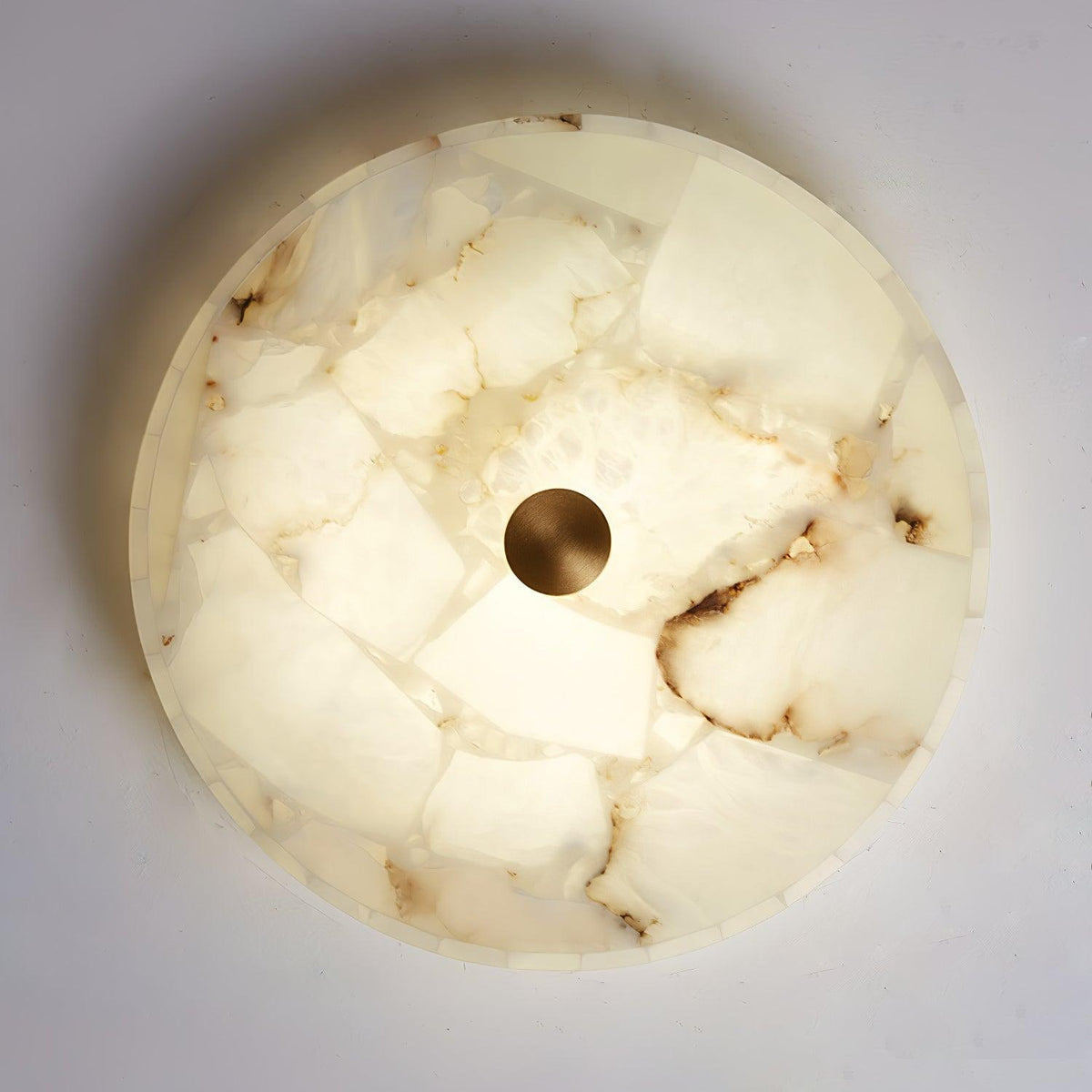 Flush Mount LED Ceiling Light 20 in Round Alabaster Stone Mosaic Pattern for Bedroom Living Room Dining Room Kitchen White Gold Metal Frame
