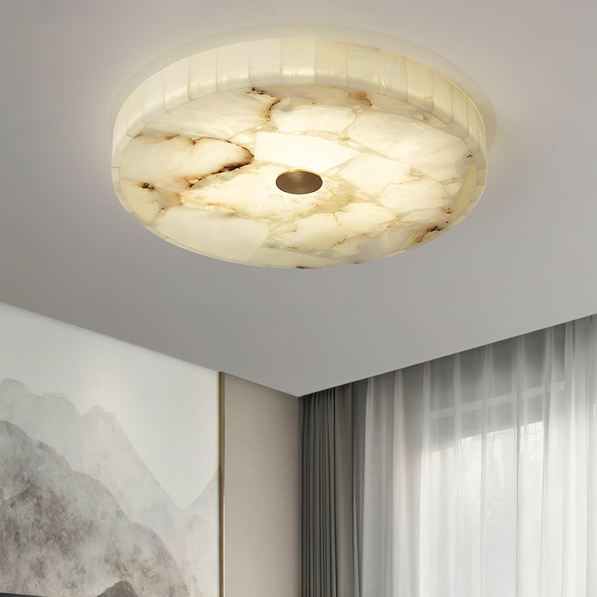 Flush Mount LED Ceiling Light 20 in Round Alabaster Stone Mosaic Pattern for Bedroom Living Room Dining Room Kitchen White Gold Metal Frame