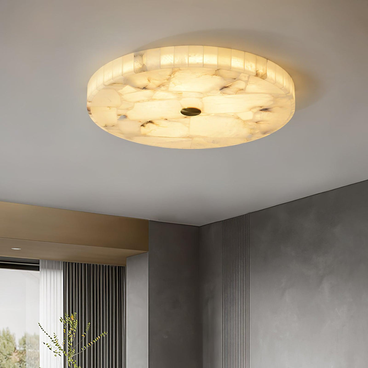 Flush Mount LED Ceiling Light 20 in Round Alabaster Stone Mosaic Pattern for Bedroom Living Room Dining Room Kitchen White Gold Metal Frame