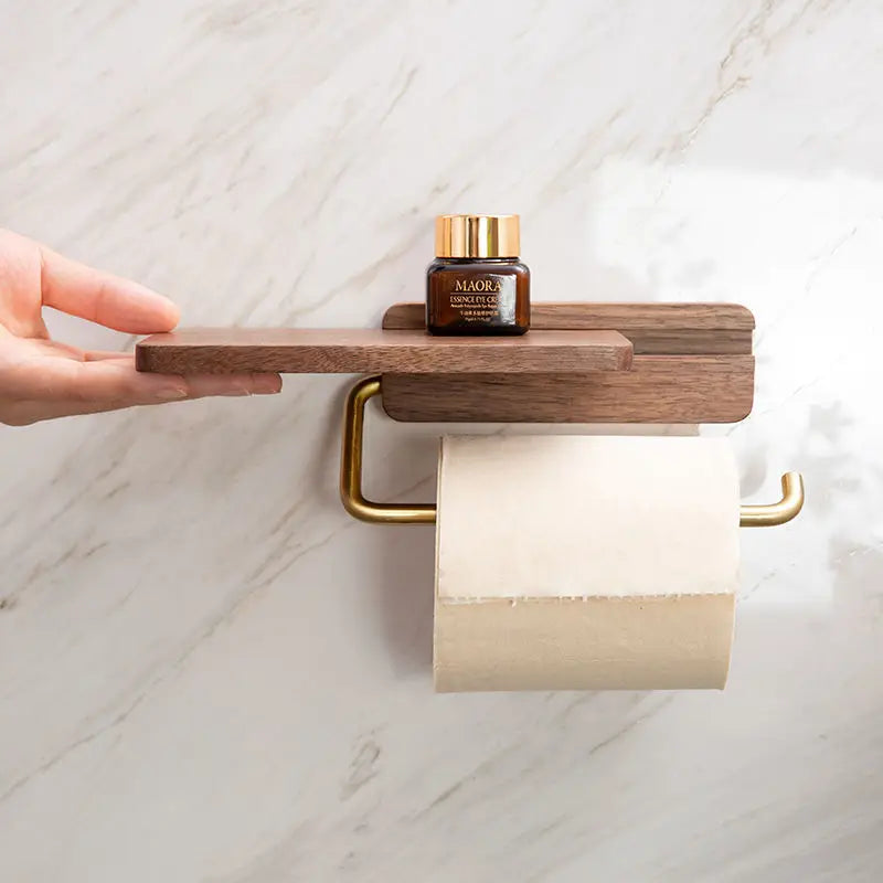 Bathroom Tissue Dispenser with Storage Shelf | Space-Saving Wood Wall Mount for Small Powder Rooms, En-Suites & Modern Restrooms | Natural W