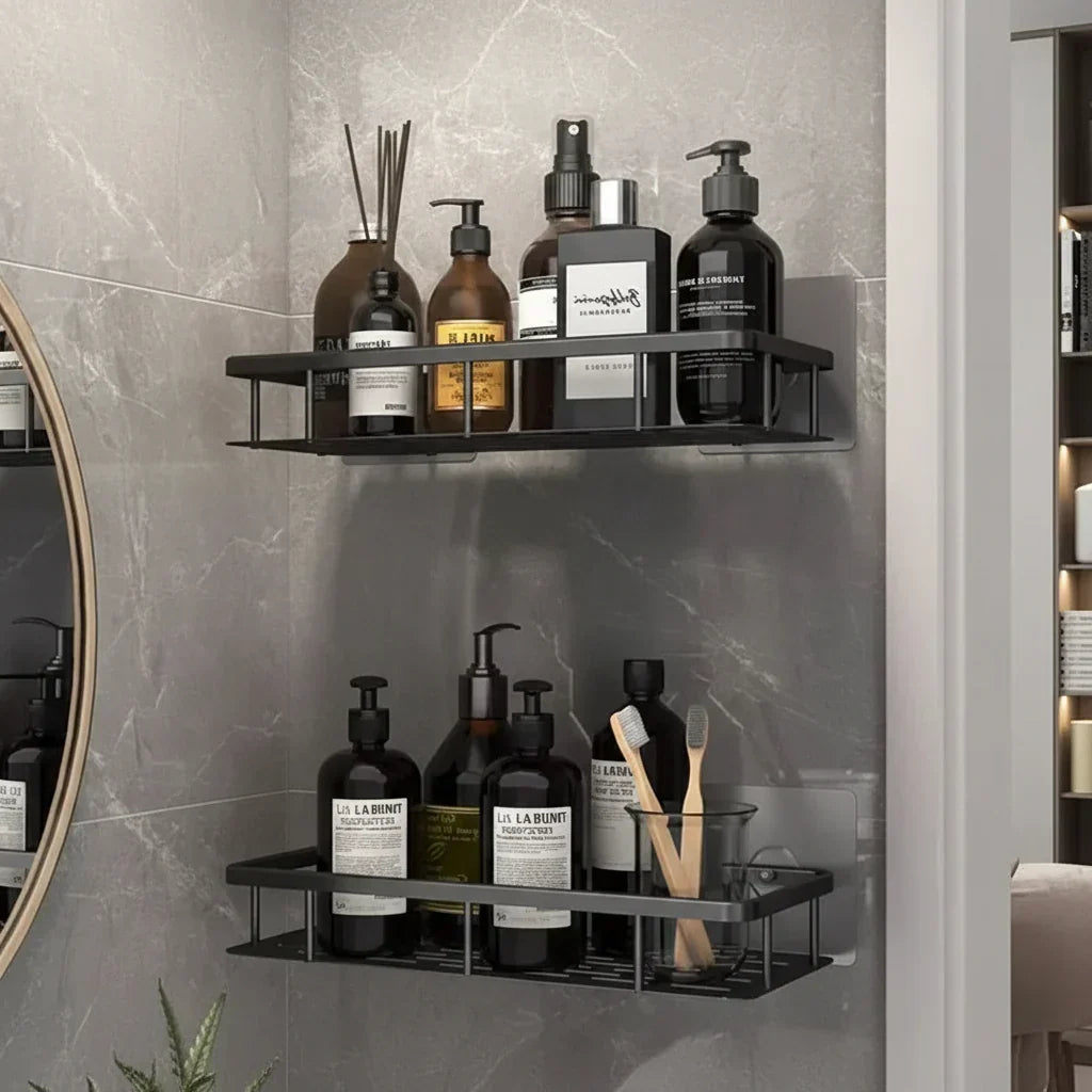 Wall Mount Adhesive Shower Caddy Corner Organizer – No-Drill Water-Resistant Storage Rack for Bathroom, Toilet & Sink – ABS & Steel in Black or S