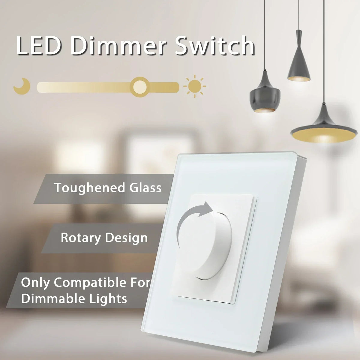 Rotary Light Dimmer Switch 3.4 in Glass Panel Touch Control LED Compatible for Bedroom Living Room Dining Room Home Wall Mount