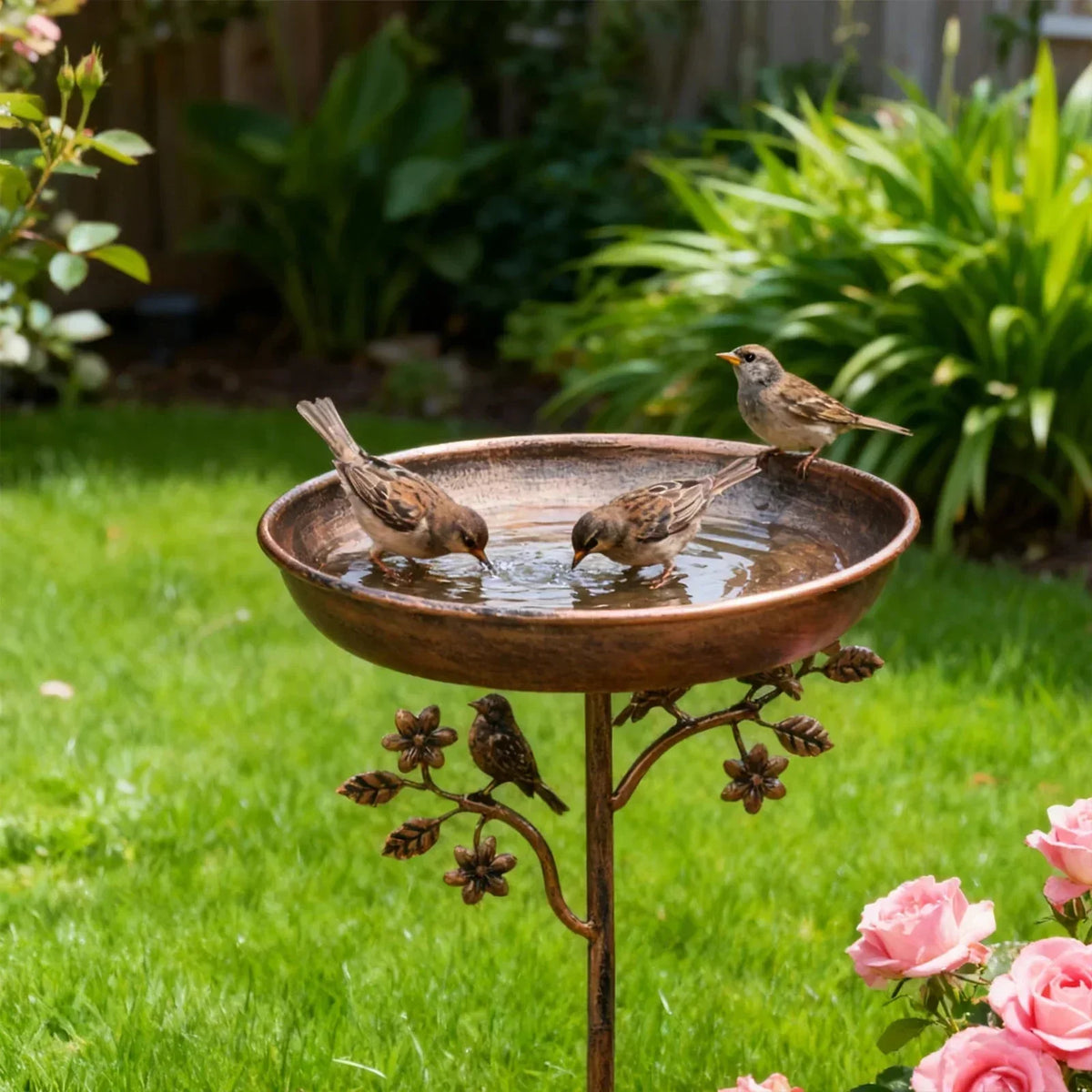 Metal Bird Bath on Garden Stake with Vintage Copper-Tone Finish for Yard & Patio, Easy Assembly Outdoor Birdbath Bowl for Songbirds