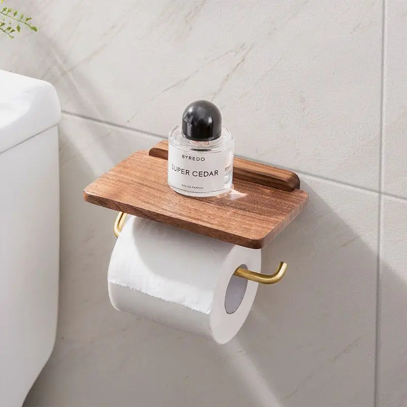 Bathroom Tissue Dispenser with Storage Shelf | Space-Saving Wood Wall Mount for Small Powder Rooms, En-Suites & Modern Restrooms | Natural W