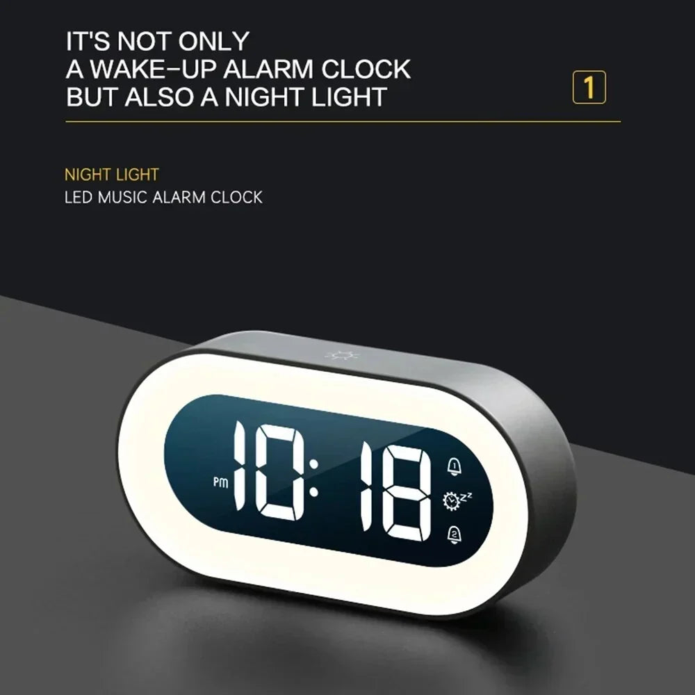 Digital LED Clock Rechargeable USB Bedside Wake-Up Timer with Calming Sounds & Adjustable Nightlight for Bedroom Travel Home Office