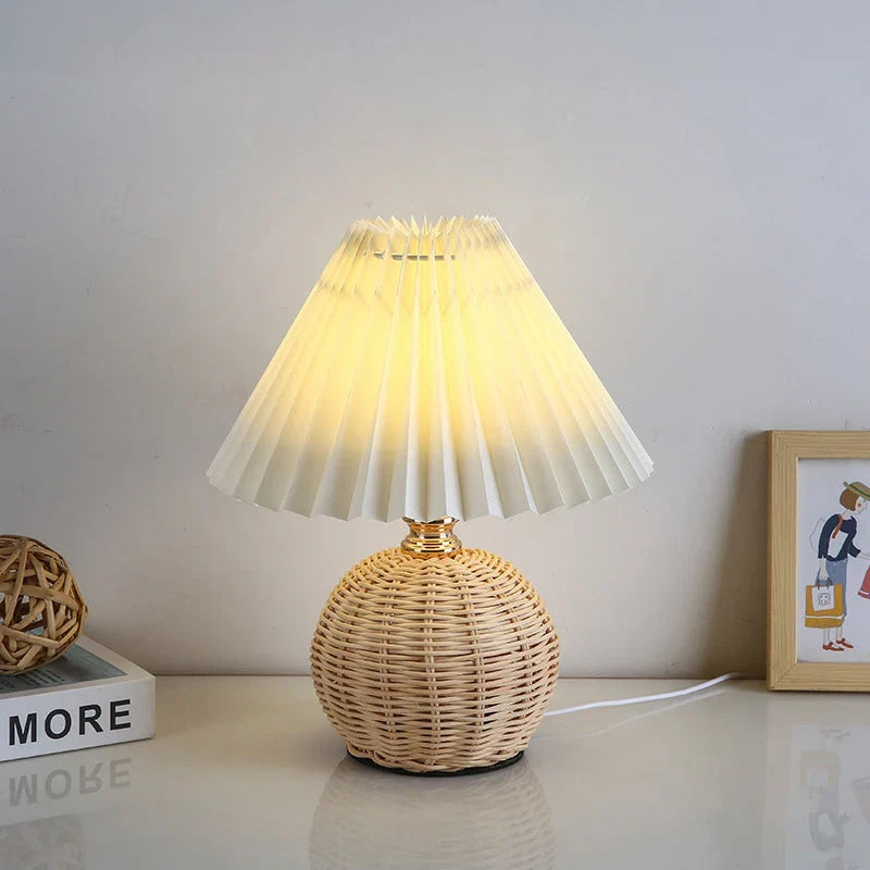 Boho Rattan Pleated Cone Table Lamp