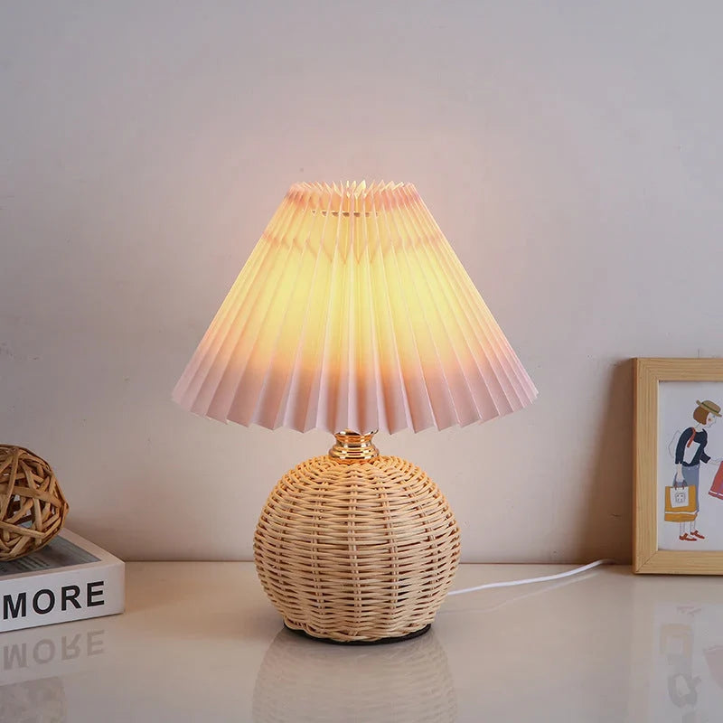 Boho Rattan Pleated Cone Table Lamp