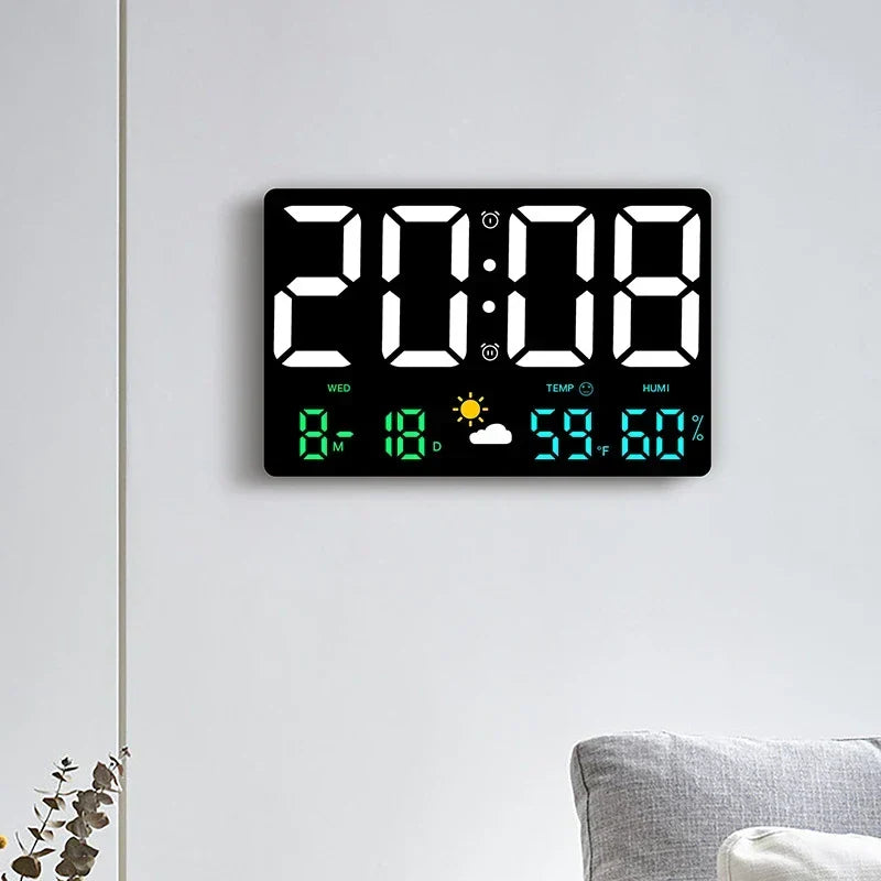 LED Alarm Clock with Weather Display 9.8 inch Temperature Humidity Monitor Remote Control Desk Wall Mount Digital Clock for Bedroom Office H