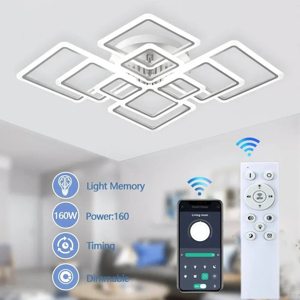 Square Flush Mount LED Fixture 50 in Dimmable Remote Control White Aluminum Geometric Rings for Bedroom Living Room Dining Room Open Plan