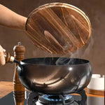 12-Inch Cast-Iron Round-Bottom Skillet with Wood Handle and Lid for Induction Gas Electric Stovetops