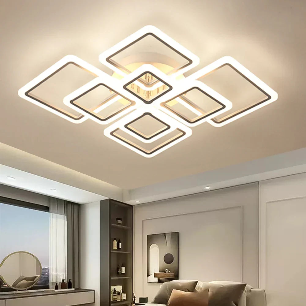 Square Flush Mount LED Fixture 50 in Dimmable Remote Control White Aluminum Geometric Rings for Bedroom Living Room Dining Room Open Plan