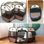 Collapsible Octagonal Dog Pen Steel Frame 45 in Gray Brown Puppy Containment for Home Garden Travel Cat Crate Mesh Visibility Easy Setup