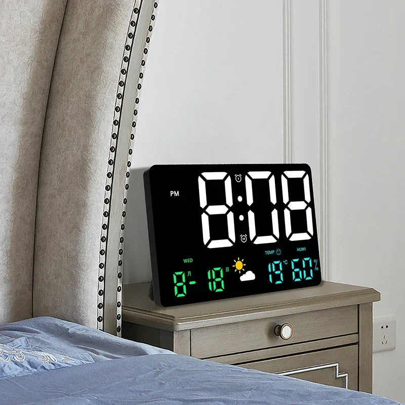 LED Alarm Clock with Weather Display 9.8 inch Temperature Humidity Monitor Remote Control Desk Wall Mount Digital Clock for Bedroom Office H
