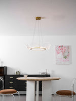 Round Pendant Light with Acrylic Leaf Diffuser 27 in Gold Adjustable Height LED for Kitchen Dining Room Office Bedroom Modern Flush Mount Fi