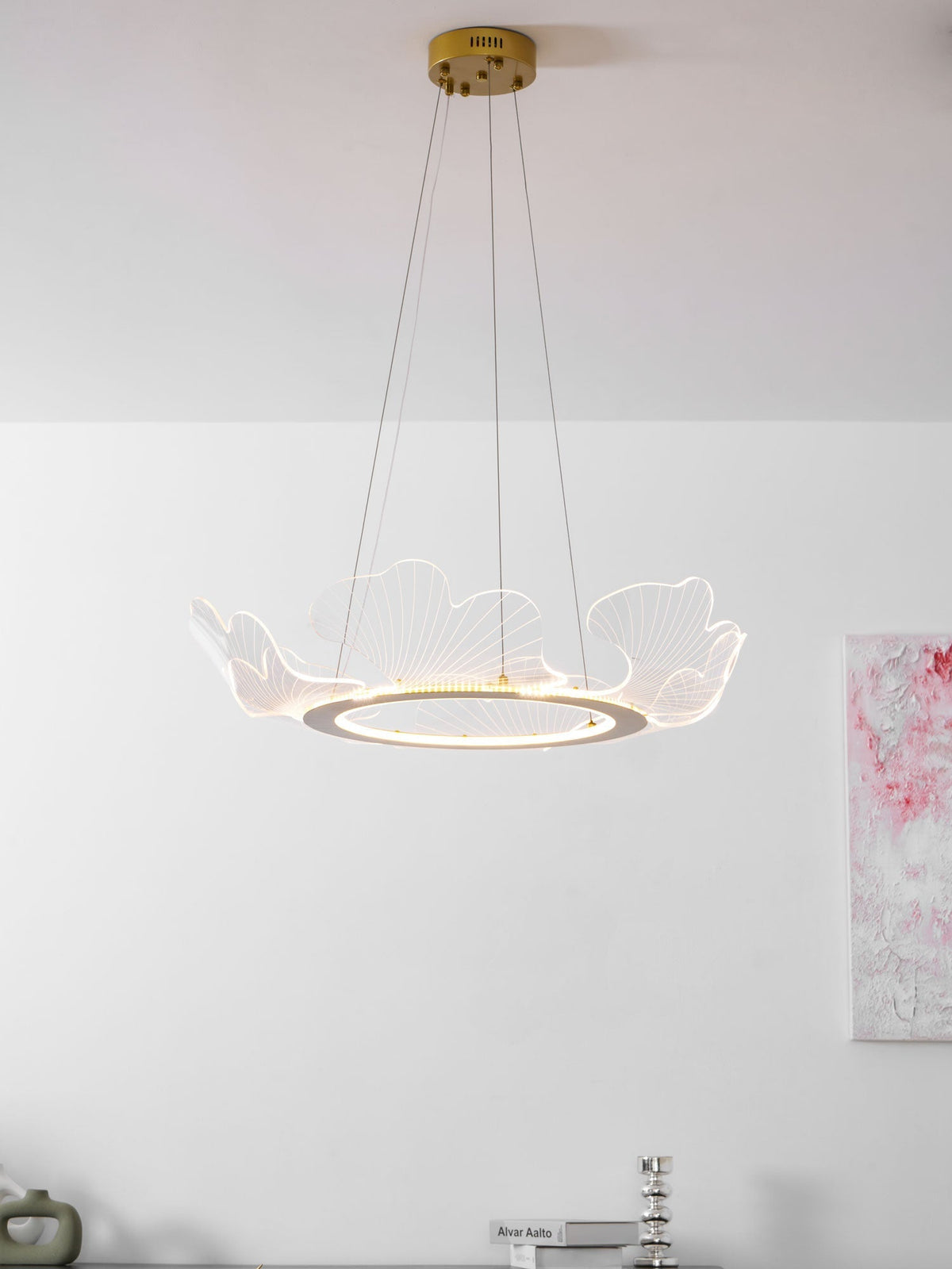 Round Pendant Light with Acrylic Leaf Diffuser 27 in Gold Adjustable Height LED for Kitchen Dining Room Office Bedroom Modern Flush Mount Fi