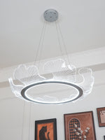 Round Pendant Light with Acrylic Leaf Diffuser 27 in Gold Adjustable Height LED for Kitchen Dining Room Office Bedroom Modern Flush Mount Fi