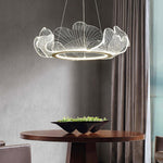 Round Pendant Light with Acrylic Leaf Diffuser 27 in Gold Adjustable Height LED for Kitchen Dining Room Office Bedroom Modern Flush Mount Fi